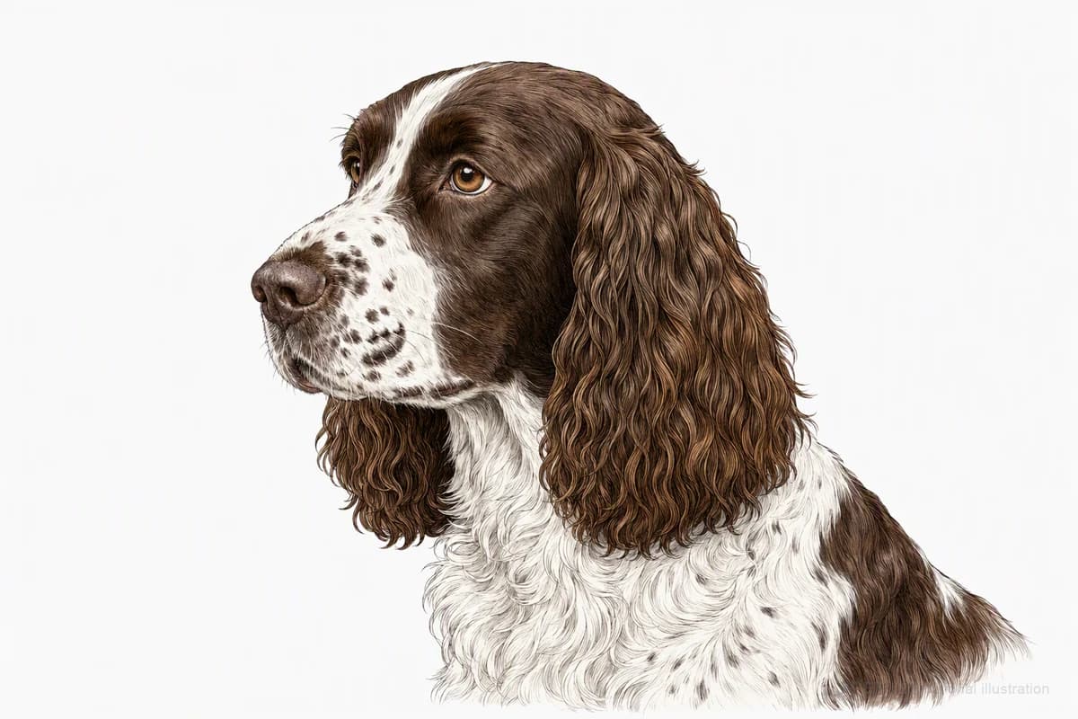 Original XPET engraving and watercolor illustration of English Springer Spaniel: a head and coat detail study.