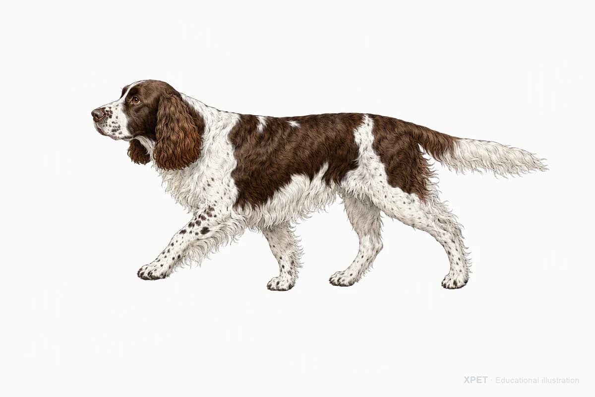 Original XPET engraving and watercolor illustration of English Springer Spaniel: a natural movement study.