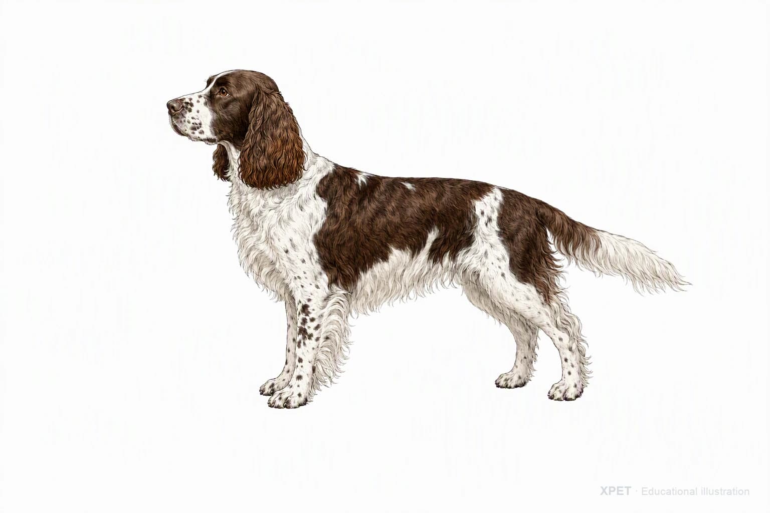 Original XPET engraving and watercolor illustration of English Springer Spaniel: an adult in left-facing profile.
