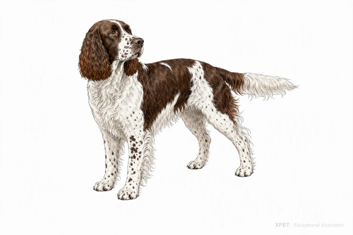 Original XPET engraving and watercolor illustration of English Springer Spaniel: a complete three-quarter standing view.