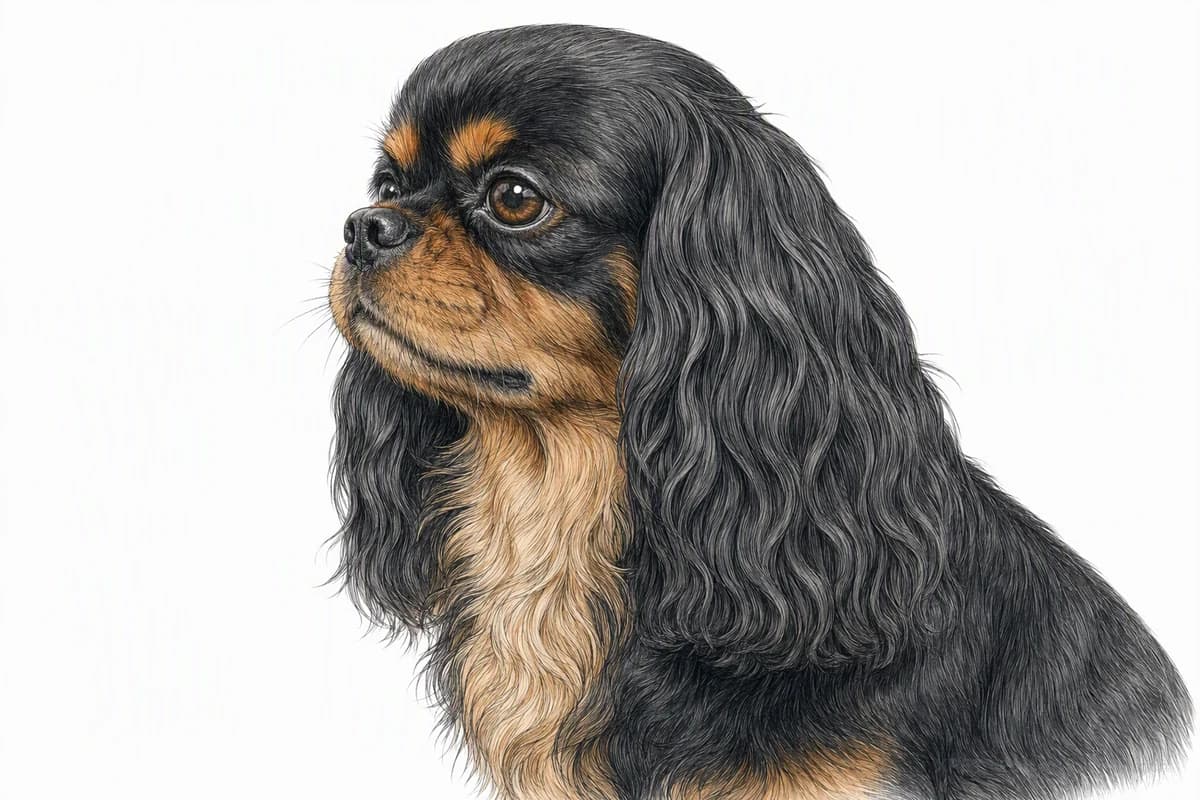 Original XPET engraving and watercolor illustration of English Toy Spaniel: a head and coat detail study.