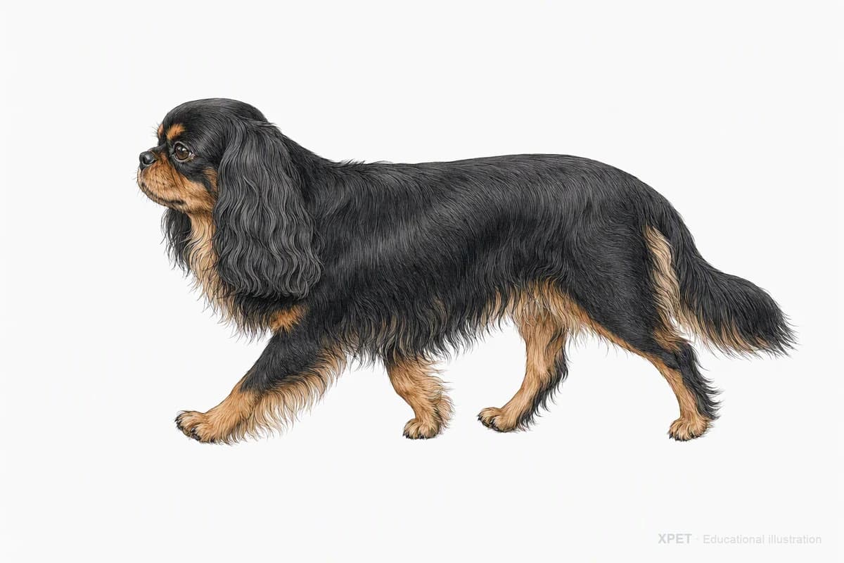 Original XPET engraving and watercolor illustration of English Toy Spaniel: a natural movement study.