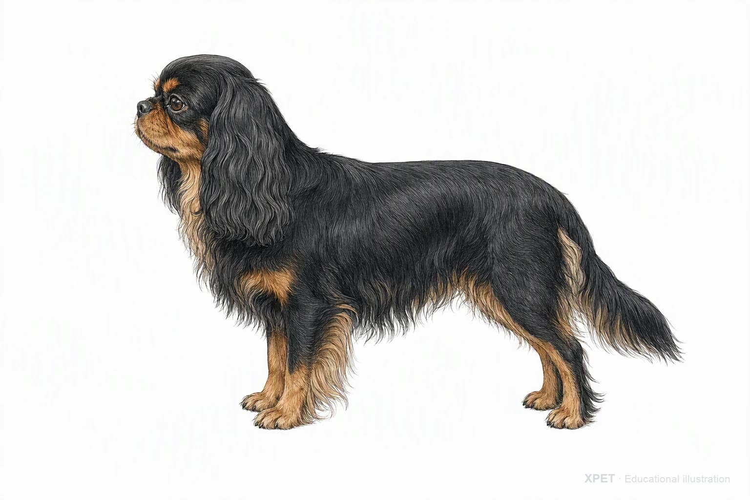 Original XPET engraving and watercolor illustration of English Toy Spaniel: an adult in left-facing profile.