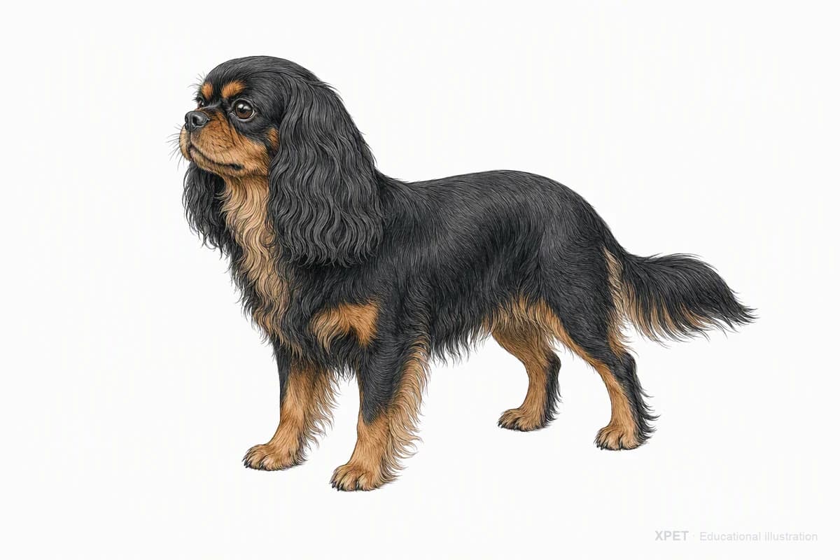 Original XPET engraving and watercolor illustration of English Toy Spaniel: a complete three-quarter standing view.