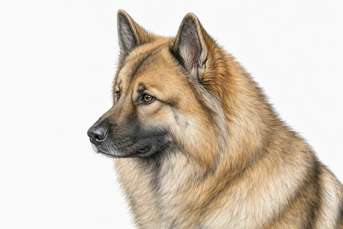 Original XPET engraving and watercolor illustration of Eurasier: a head and coat detail study.