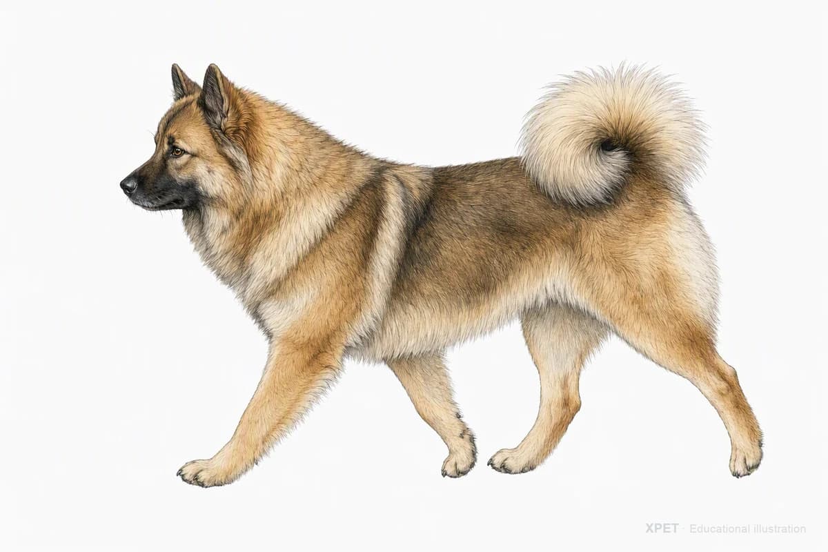 Original XPET engraving and watercolor illustration of Eurasier: a natural movement study.