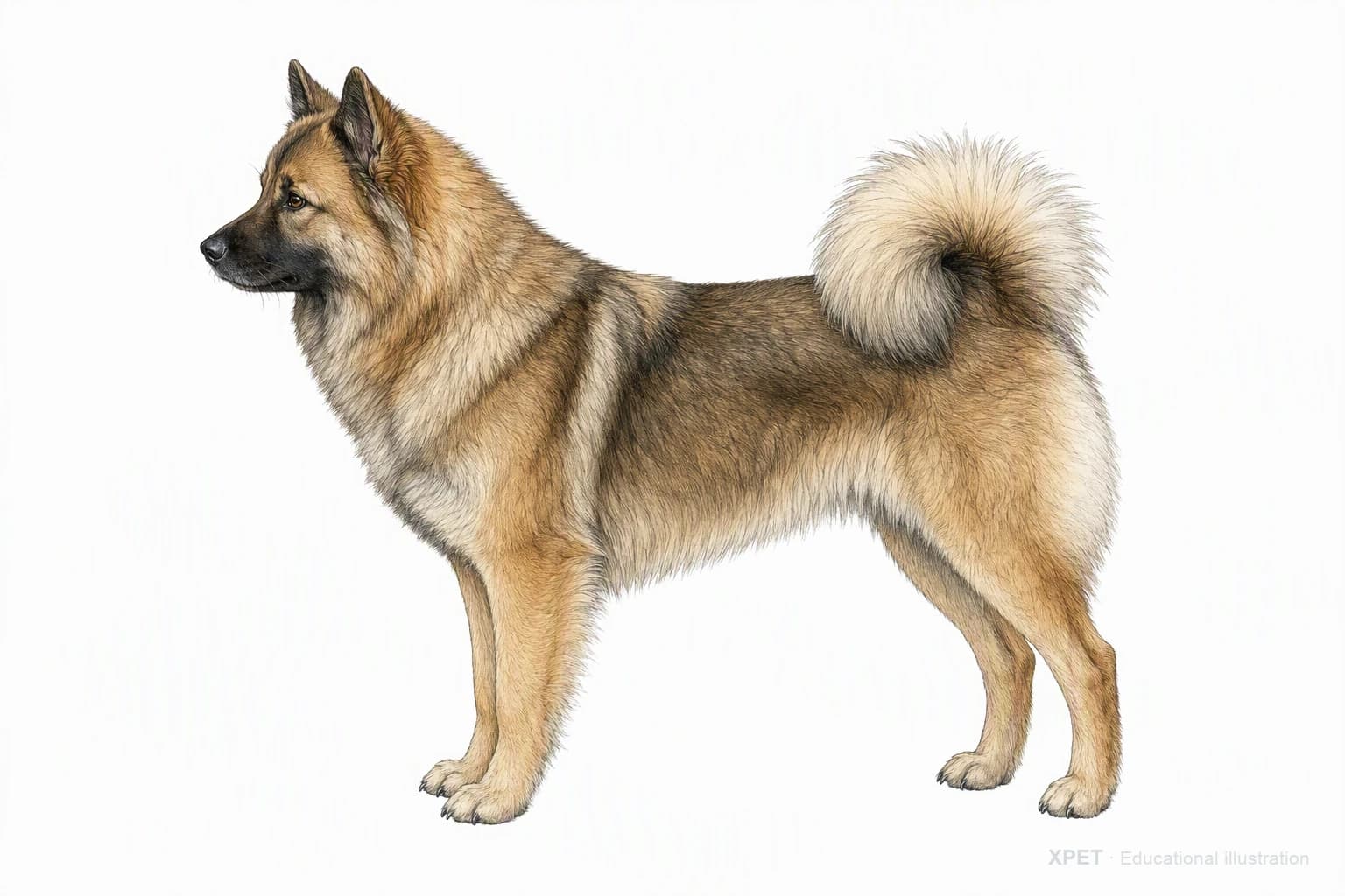 Original XPET engraving and watercolor illustration of Eurasier: an adult in left-facing profile.