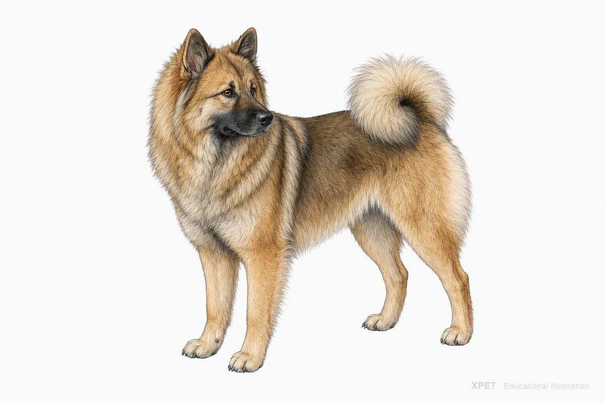 Original XPET engraving and watercolor illustration of Eurasier: a complete three-quarter standing view.