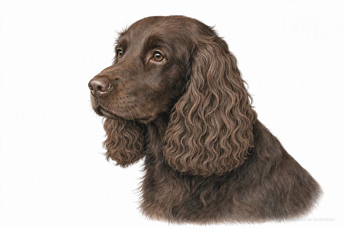 Original XPET engraving and watercolor illustration of Field Spaniel: a head and coat detail study.