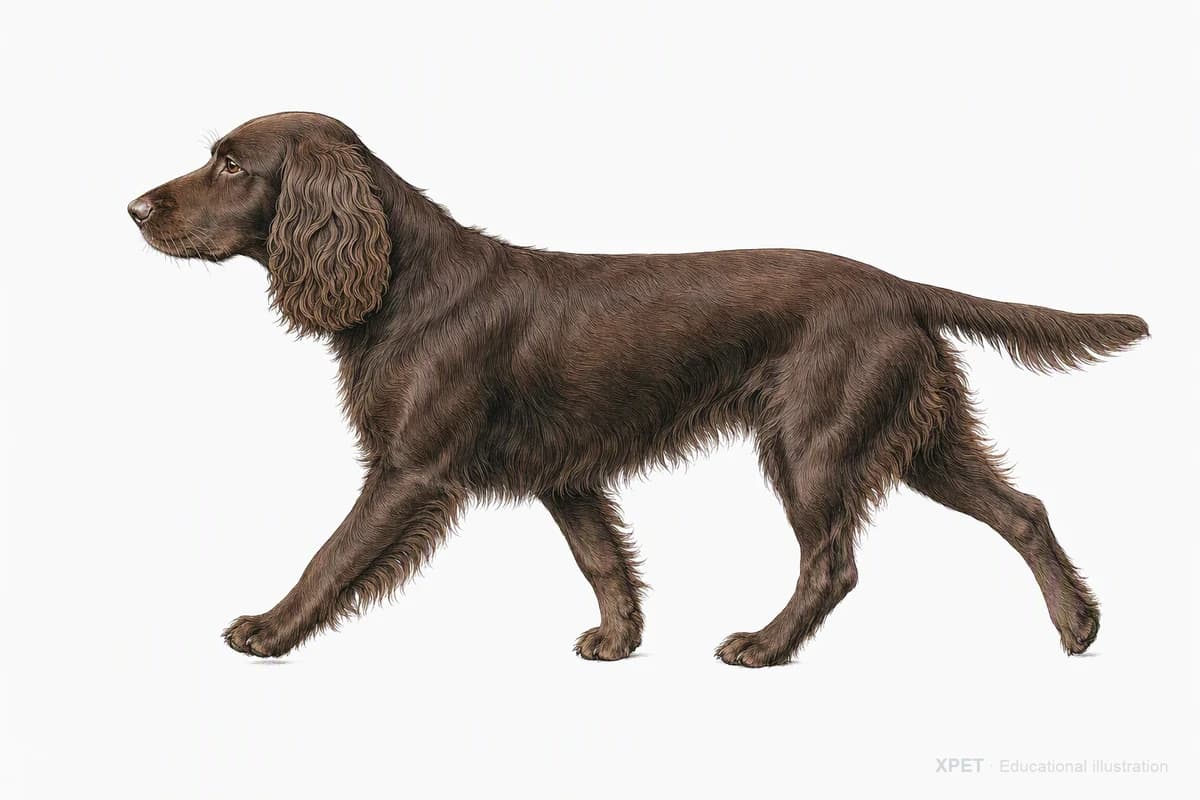 Original XPET engraving and watercolor illustration of Field Spaniel: a natural movement study.