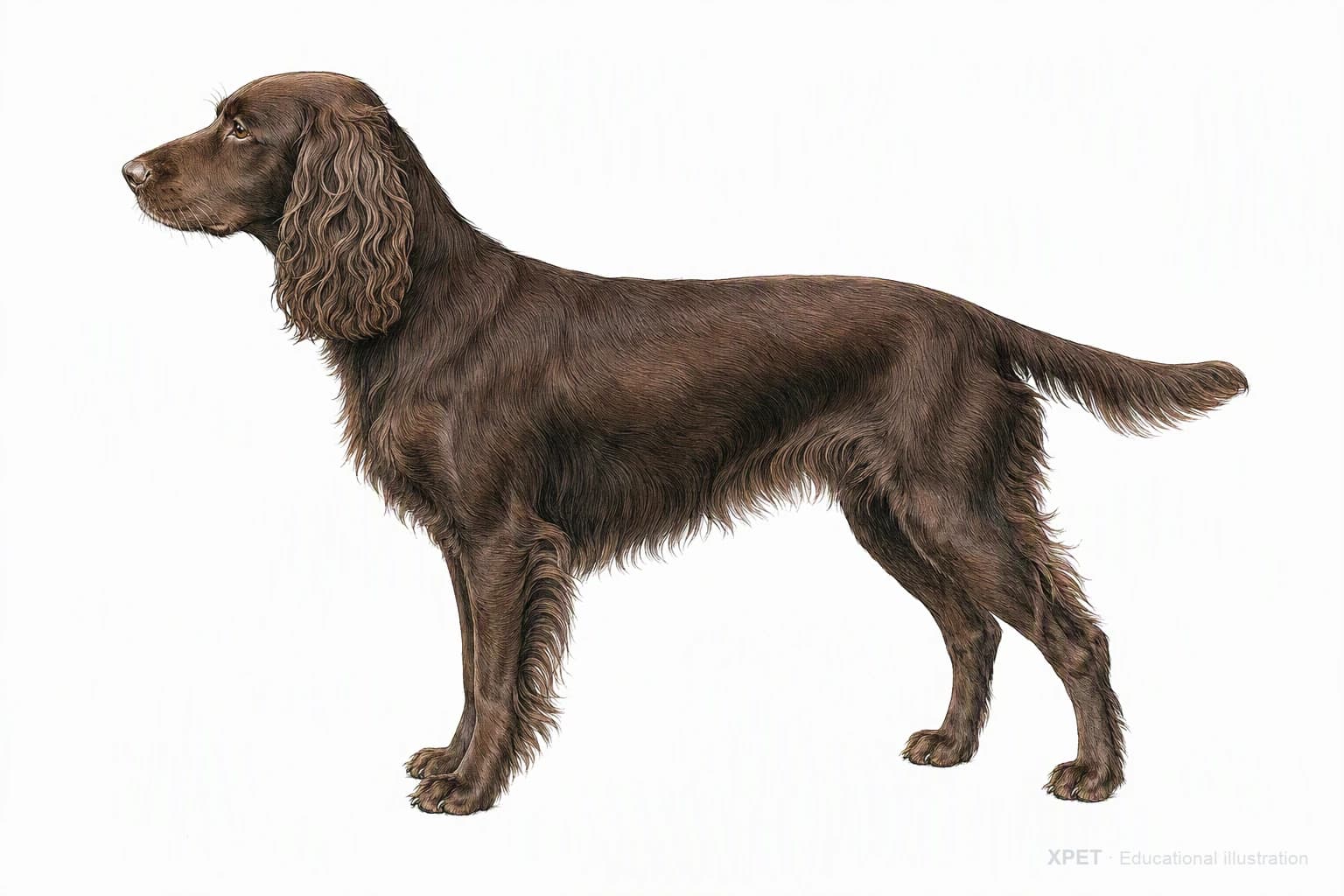 Original XPET engraving and watercolor illustration of Field Spaniel: an adult in left-facing profile.