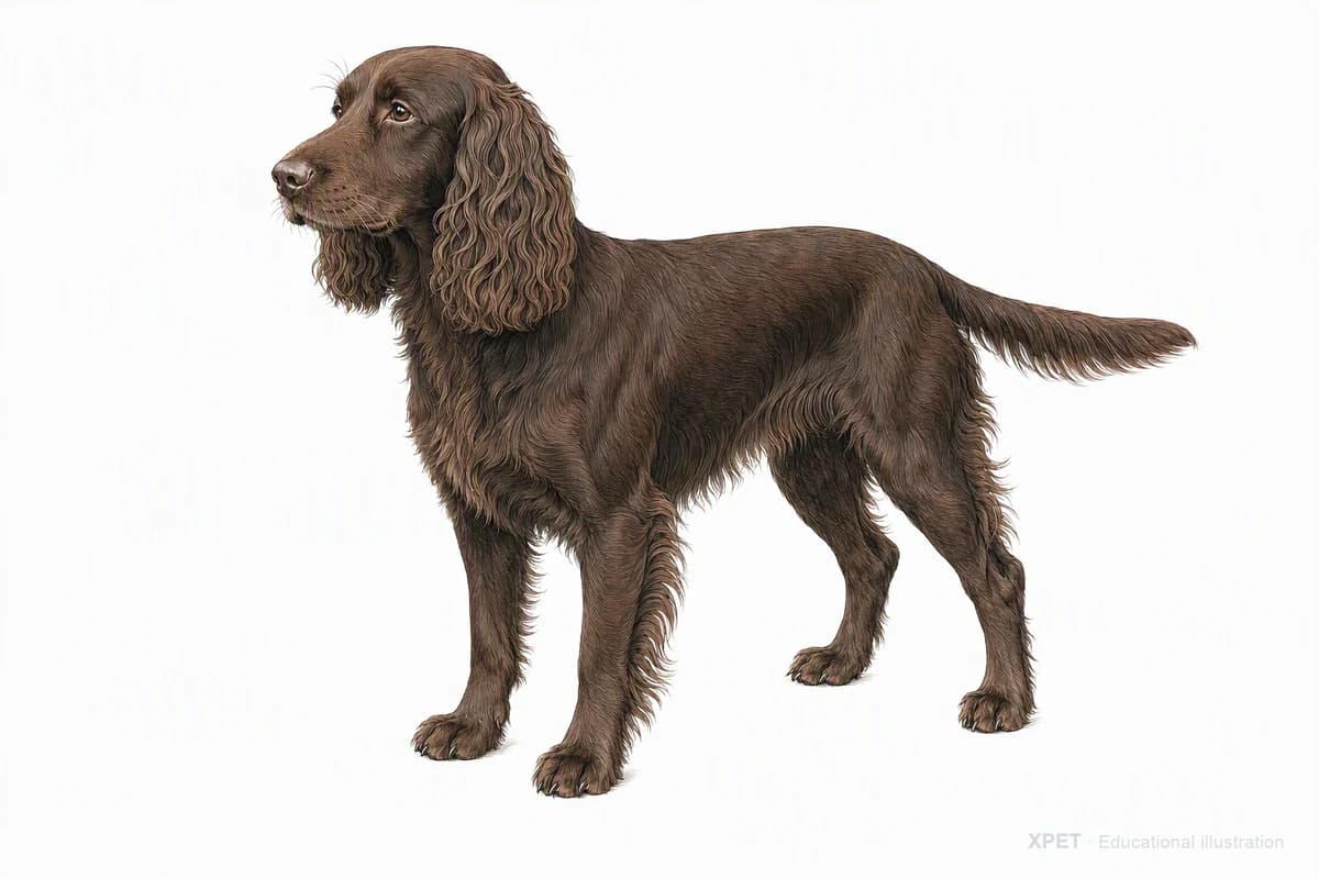 Original XPET engraving and watercolor illustration of Field Spaniel: a complete three-quarter standing view.