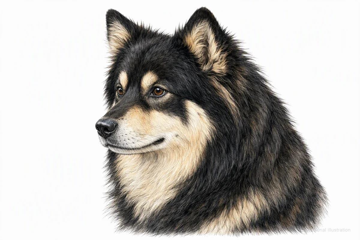 Original XPET engraving and watercolor illustration of Finnish Lapphund: a head and coat detail study.