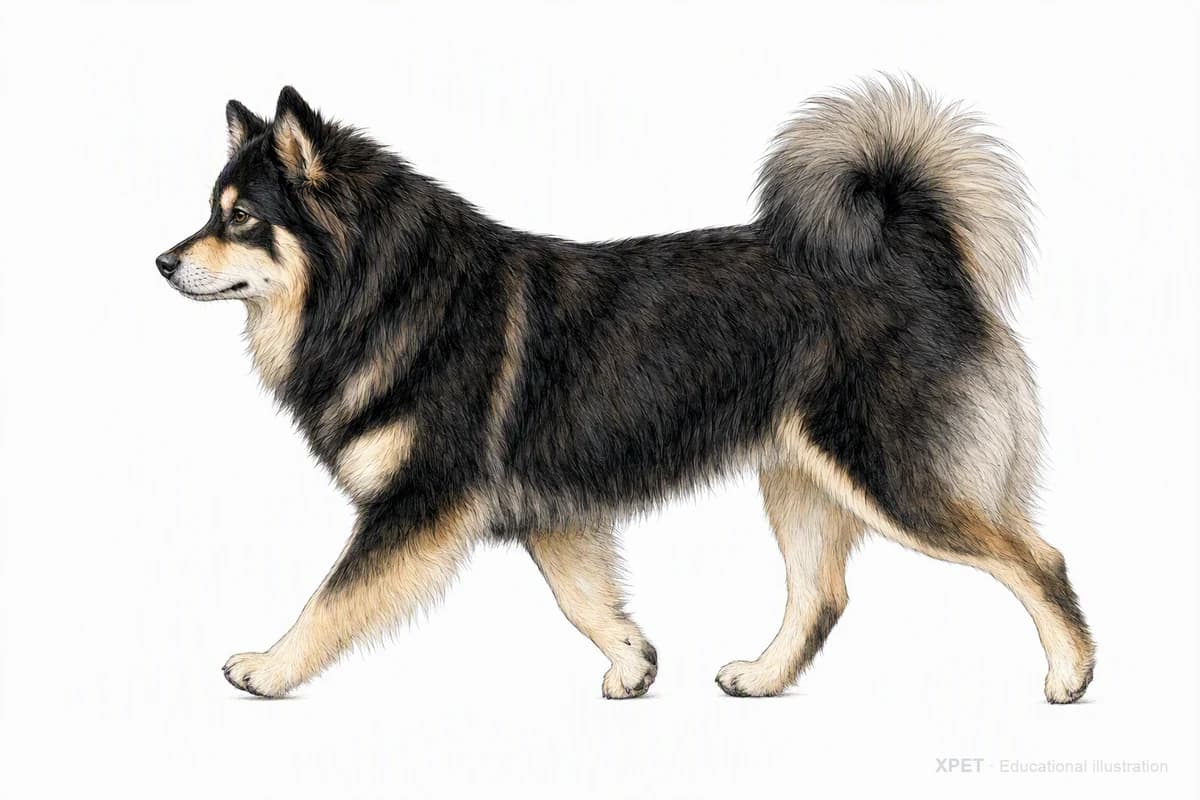 Original XPET engraving and watercolor illustration of Finnish Lapphund: a natural movement study.