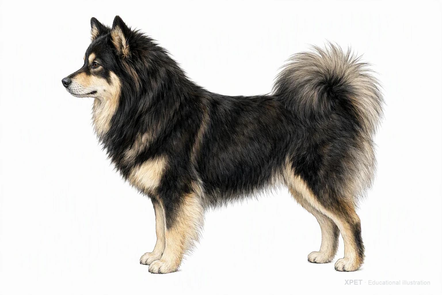 Original XPET engraving and watercolor illustration of Finnish Lapphund: an adult in left-facing profile.