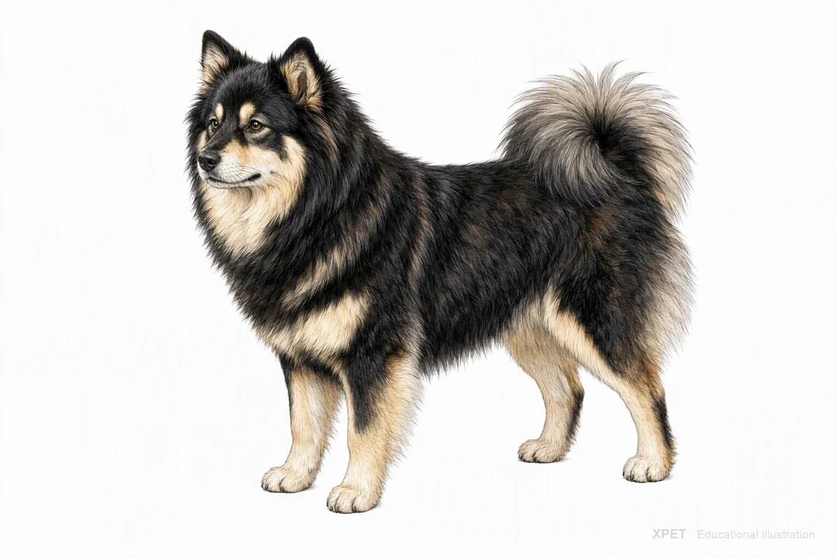 Original XPET engraving and watercolor illustration of Finnish Lapphund: a complete three-quarter standing view.