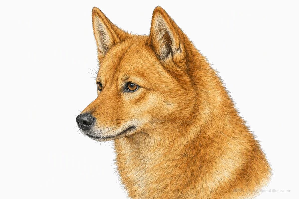 Original XPET engraving and watercolor illustration of Finnish Spitz: a head and coat detail study.