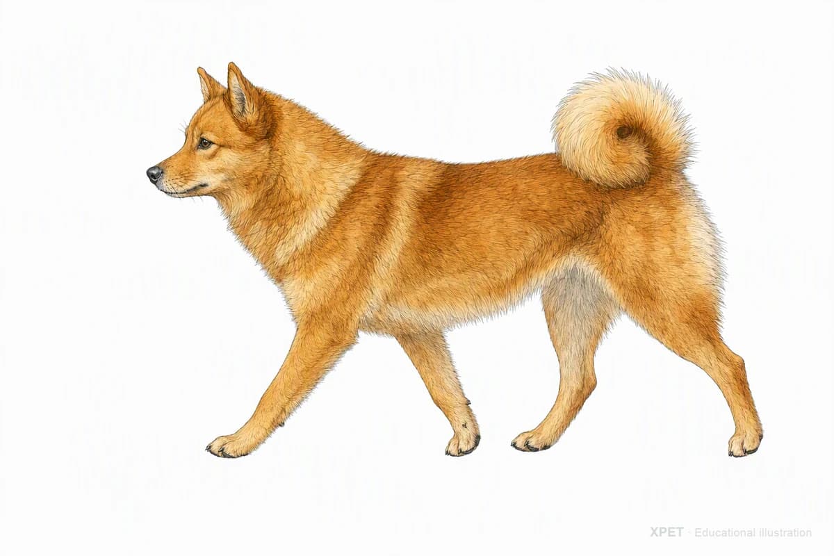 Original XPET engraving and watercolor illustration of Finnish Spitz: a natural movement study.