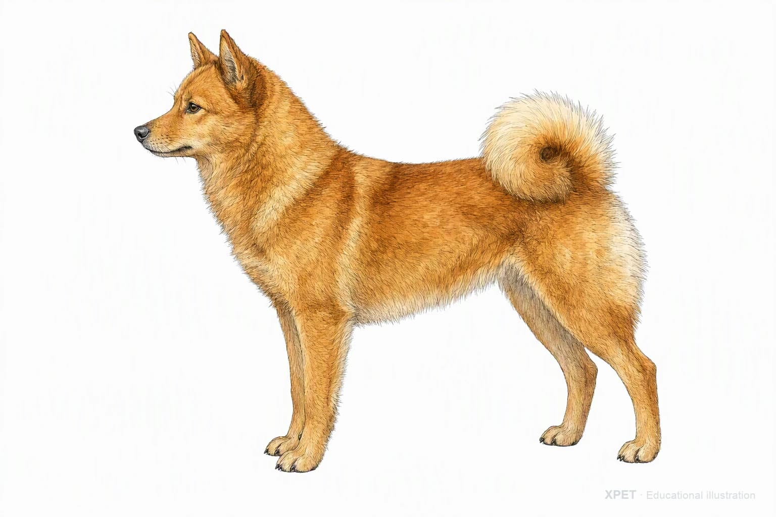 Original XPET engraving and watercolor illustration of Finnish Spitz: an adult in left-facing profile.