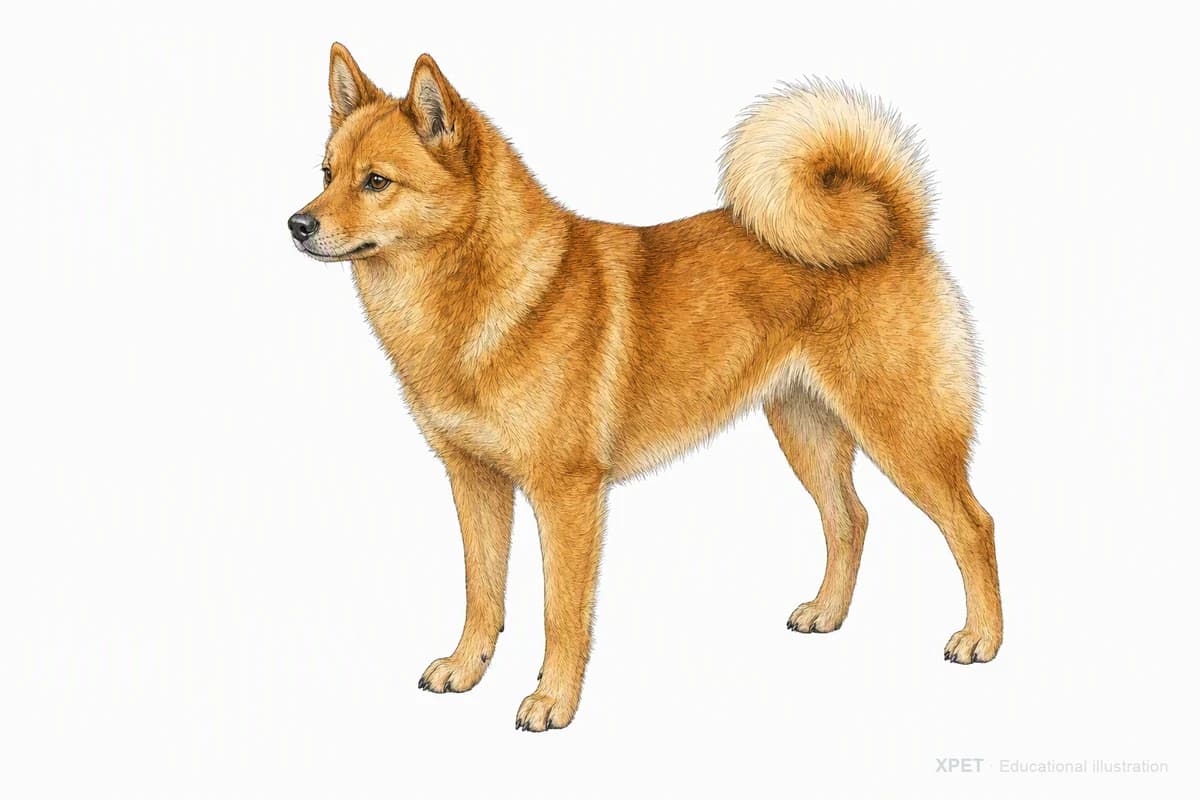 Original XPET engraving and watercolor illustration of Finnish Spitz: a complete three-quarter standing view.
