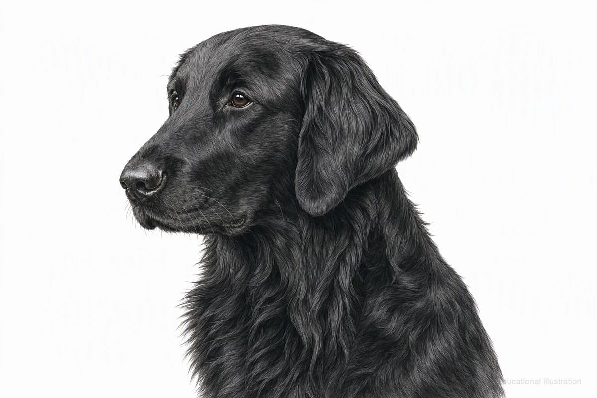 Original XPET engraving and watercolor illustration of Flat-Coated Retriever: a head and coat detail study.