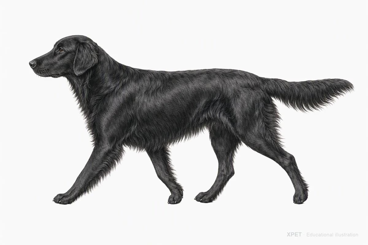 Original XPET engraving and watercolor illustration of Flat-Coated Retriever: a natural movement study.