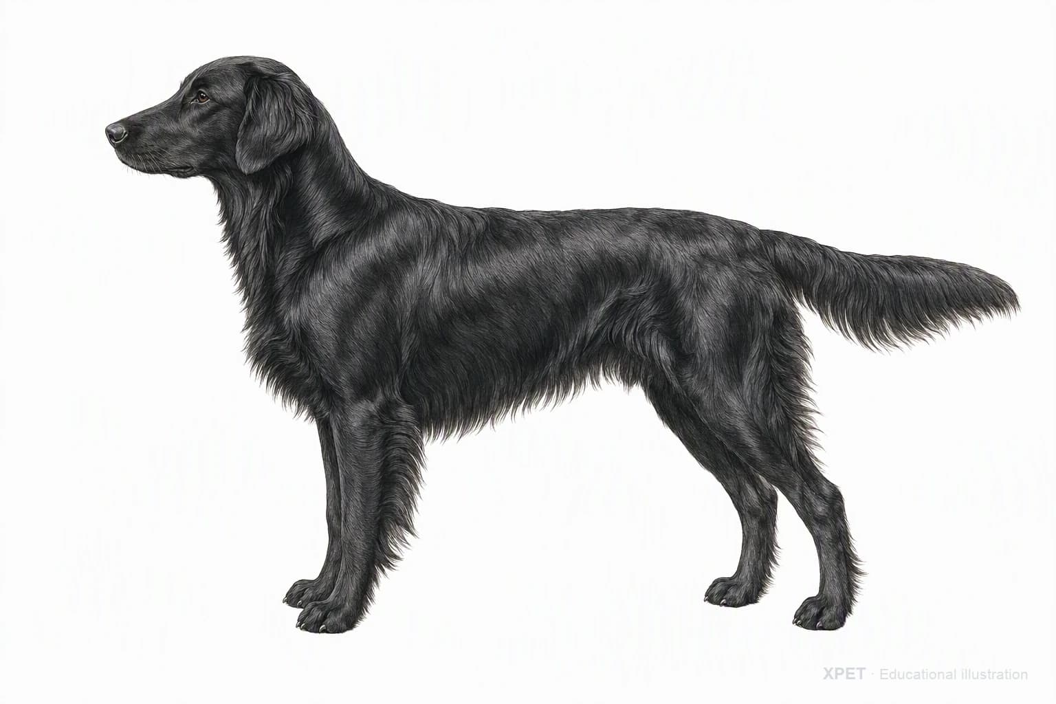 Original XPET engraving and watercolor illustration of Flat-Coated Retriever: an adult in left-facing profile.