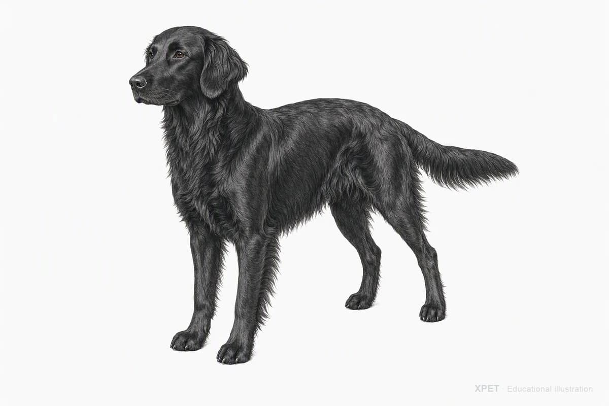 Original XPET engraving and watercolor illustration of Flat-Coated Retriever: a complete three-quarter standing view.