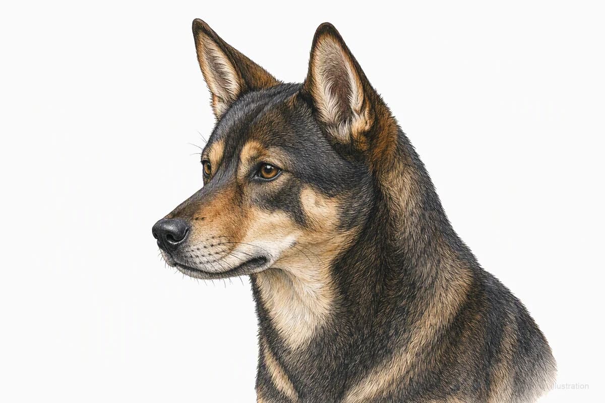Original XPET engraving and watercolor illustration of Formosan Mountain Dog: a head and coat detail study.