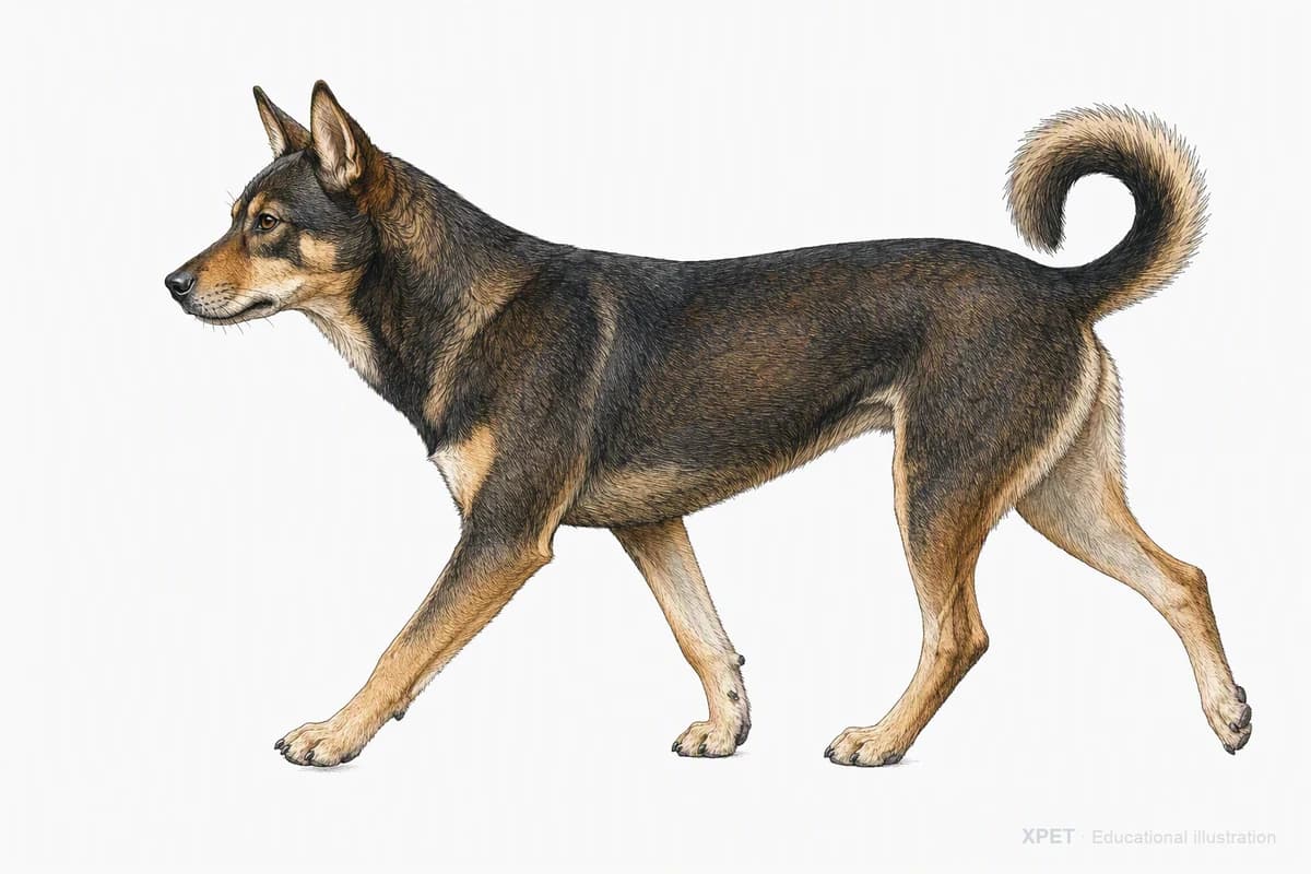 Original XPET engraving and watercolor illustration of Formosan Mountain Dog: a natural movement study.