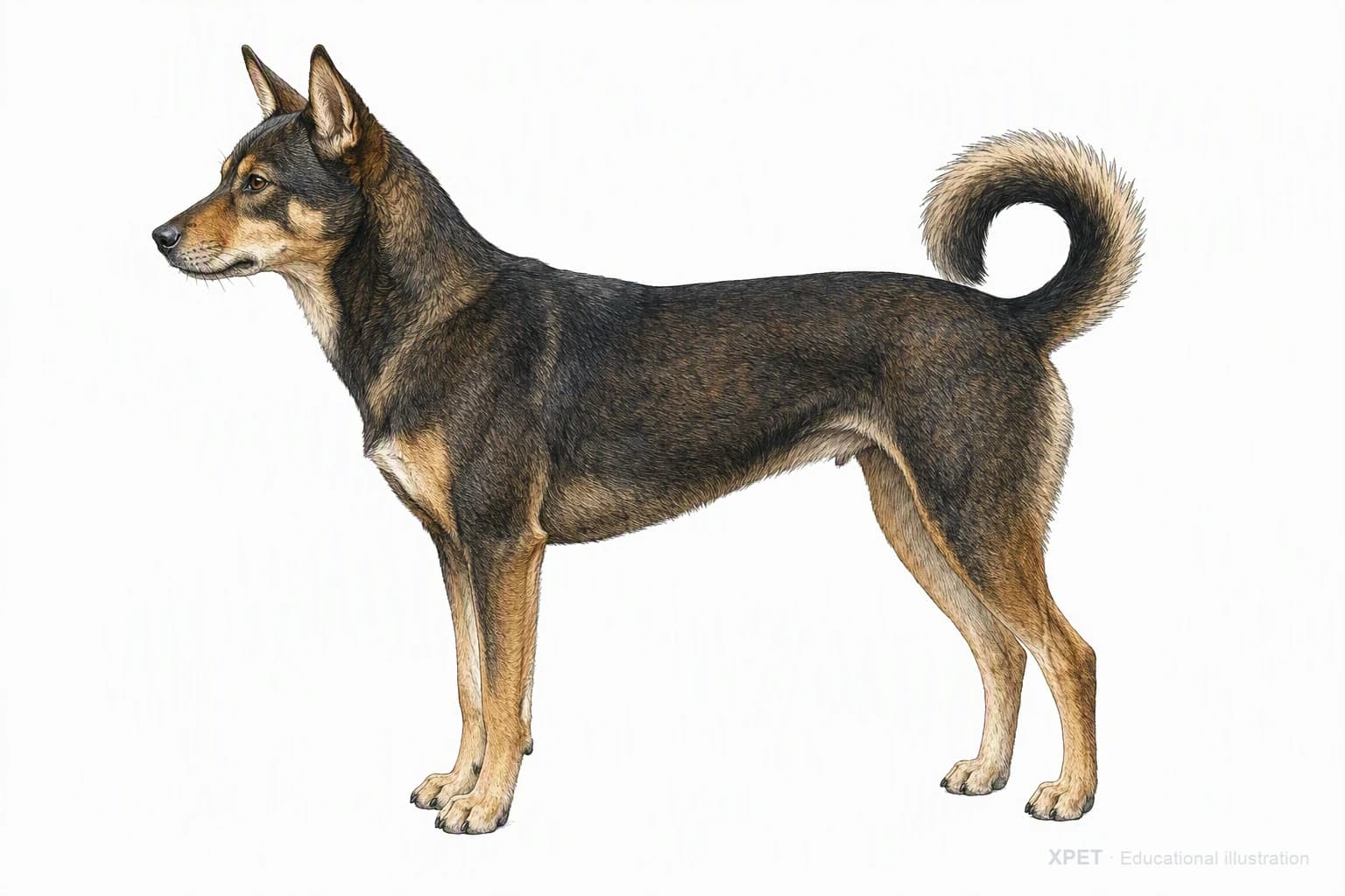 Original XPET engraving and watercolor illustration of Formosan Mountain Dog: an adult in left-facing profile.