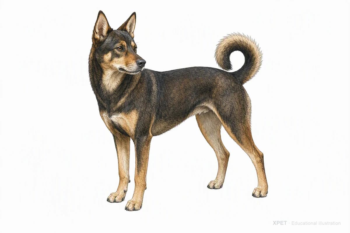 Original XPET engraving and watercolor illustration of Formosan Mountain Dog: a complete three-quarter standing view.