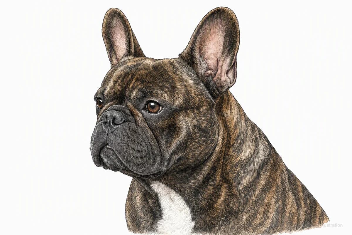 Original XPET engraving and watercolor illustration of French Bulldog: a head and coat detail study.