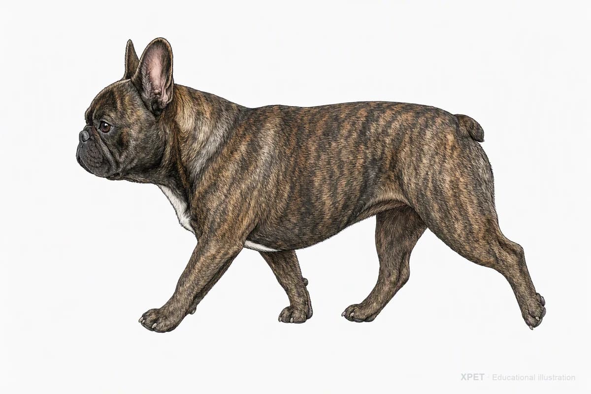 Original XPET engraving and watercolor illustration of French Bulldog: a natural movement study.