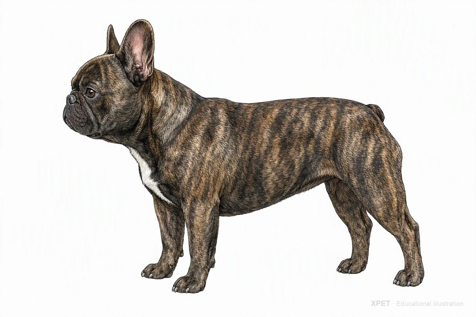 Original XPET engraving and watercolor illustration of French Bulldog: an adult in left-facing profile.