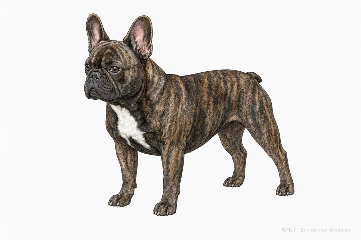 Original XPET engraving and watercolor illustration of French Bulldog: a complete three-quarter standing view.