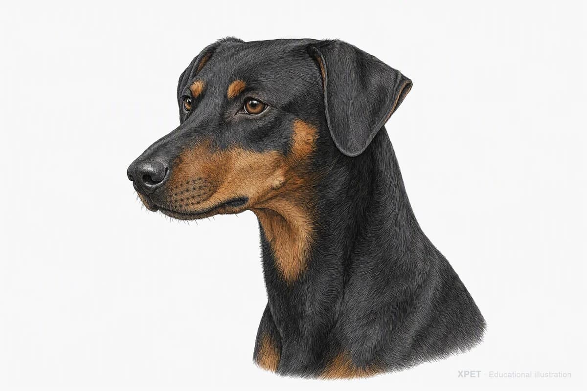 Original XPET engraving and watercolor illustration of German Pinscher: a head and coat detail study.