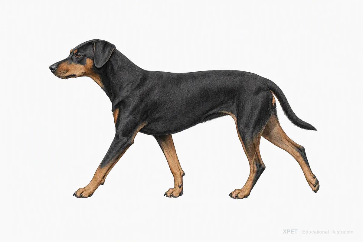 Original XPET engraving and watercolor illustration of German Pinscher: a natural movement study.