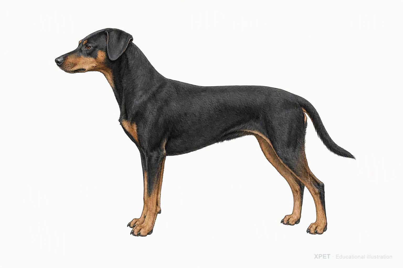 Original XPET engraving and watercolor illustration of German Pinscher: an adult in left-facing profile.