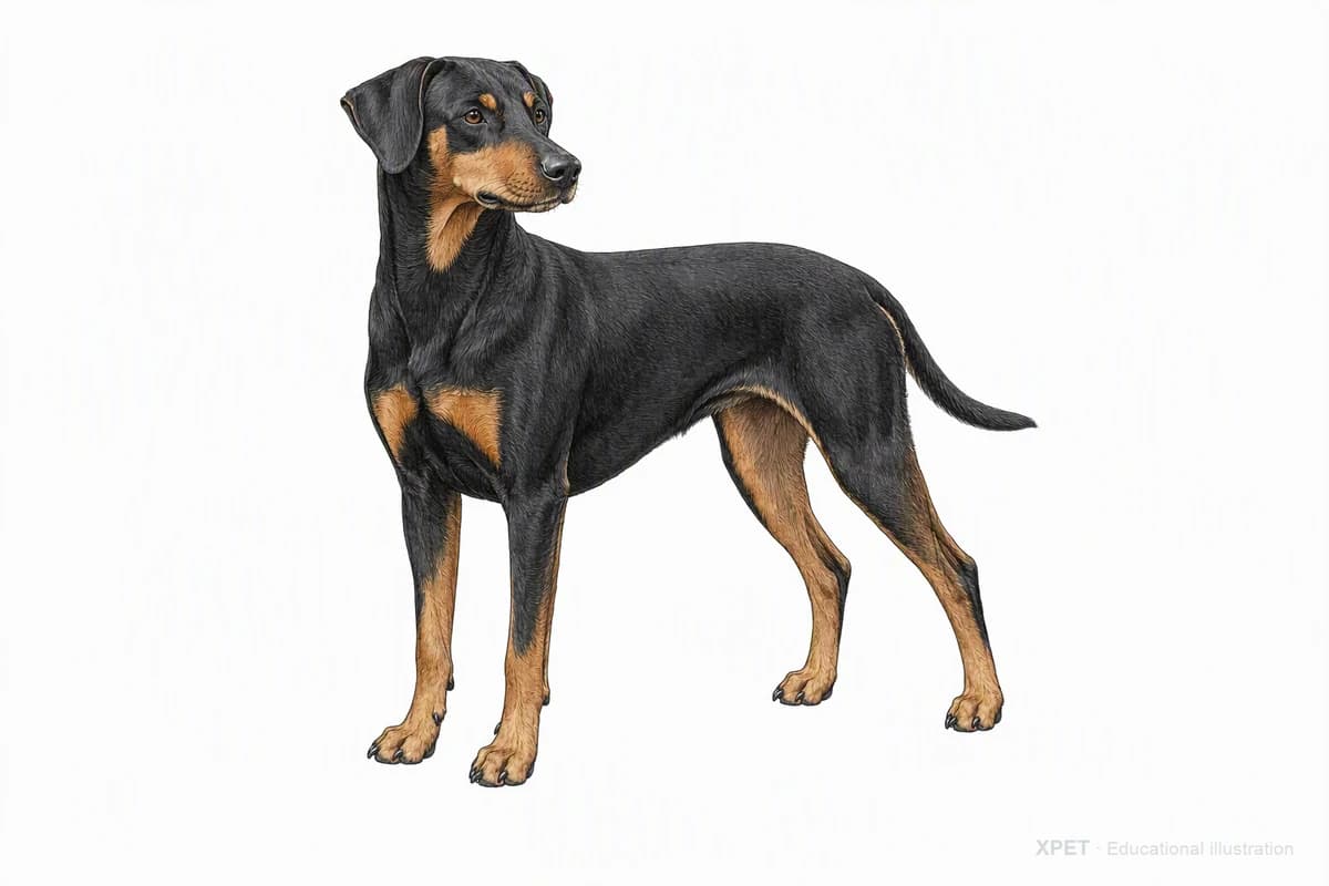 Original XPET engraving and watercolor illustration of German Pinscher: a complete three-quarter standing view.