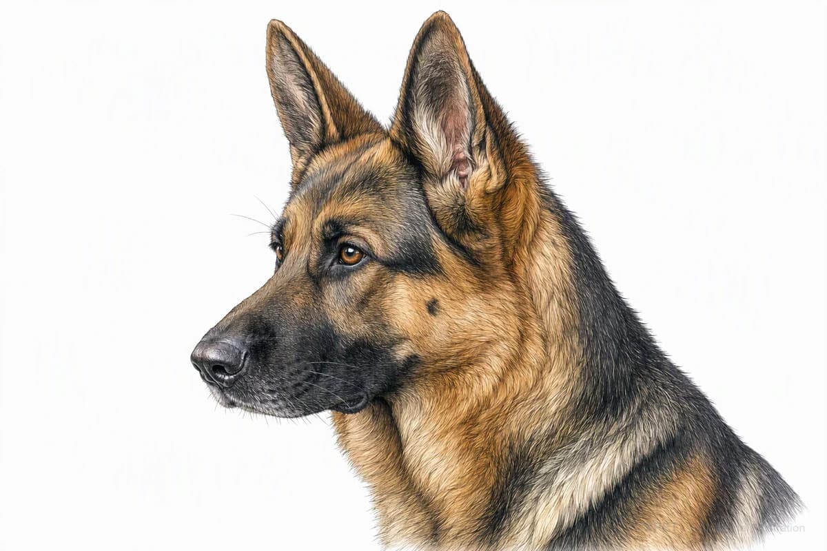 Original XPET engraving and watercolor illustration of German Shepherd Dog: a head and coat detail study.