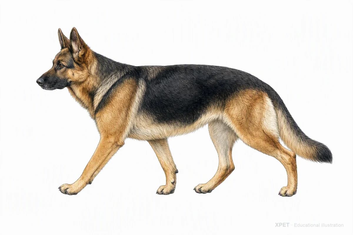 Original XPET engraving and watercolor illustration of German Shepherd Dog: a natural movement study.