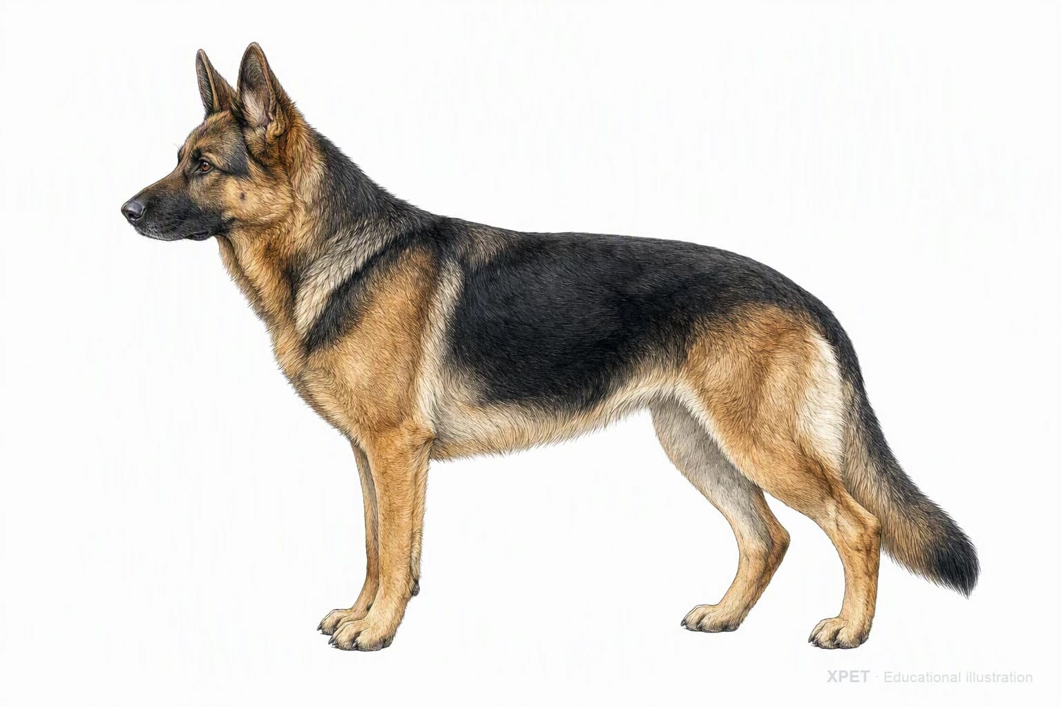 Original XPET engraving and watercolor illustration of German Shepherd Dog: an adult in left-facing profile.