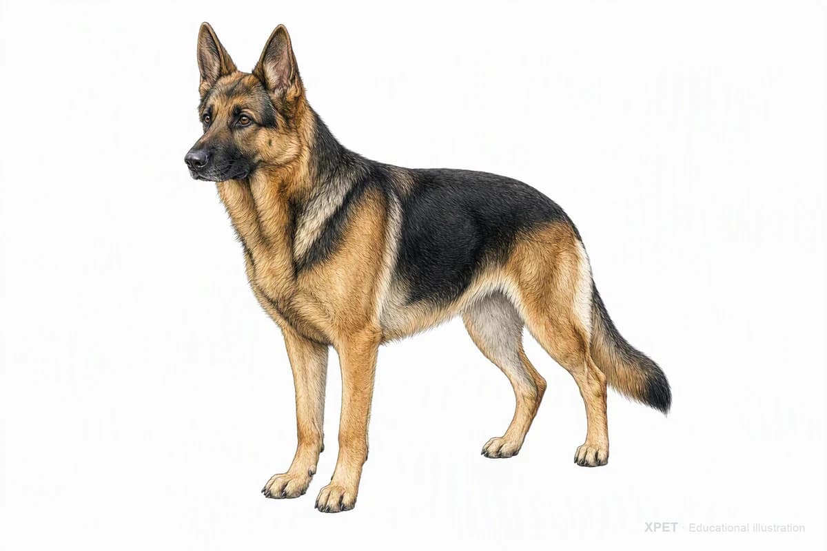 Original XPET engraving and watercolor illustration of German Shepherd Dog: a complete three-quarter standing view.