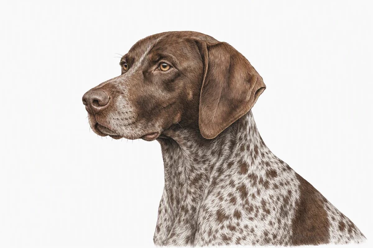 Original XPET engraving and watercolor illustration of German Shorthaired Pointer: a head and coat detail study.
