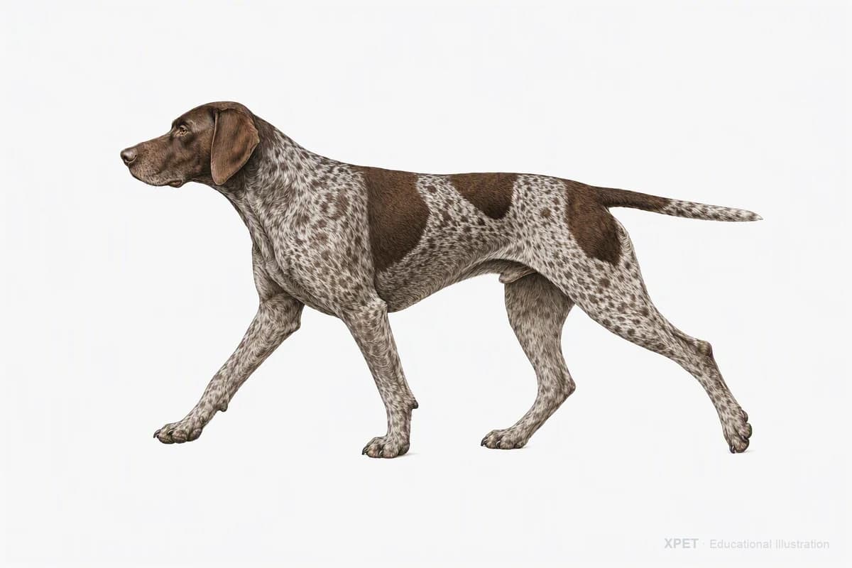 Original XPET engraving and watercolor illustration of German Shorthaired Pointer: a natural movement study.