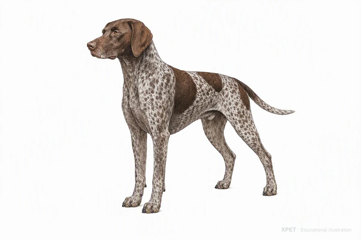 Original XPET engraving and watercolor illustration of German Shorthaired Pointer: a complete three-quarter standing view.