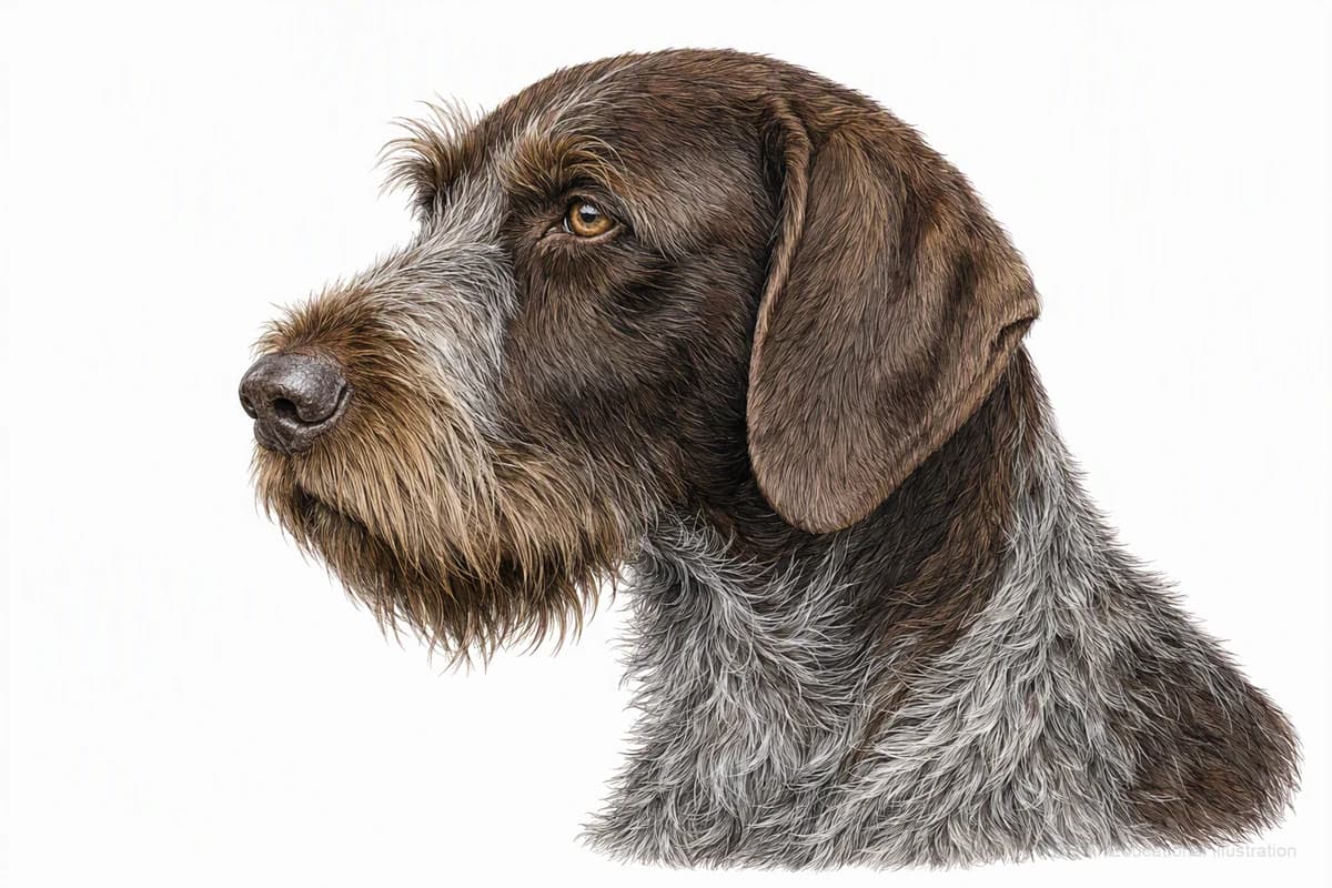 Original XPET engraving and watercolor illustration of German Wirehaired Pointer: a head and coat detail study.