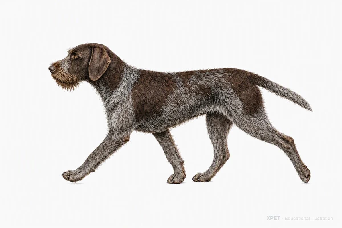 Original XPET engraving and watercolor illustration of German Wirehaired Pointer: a natural movement study.