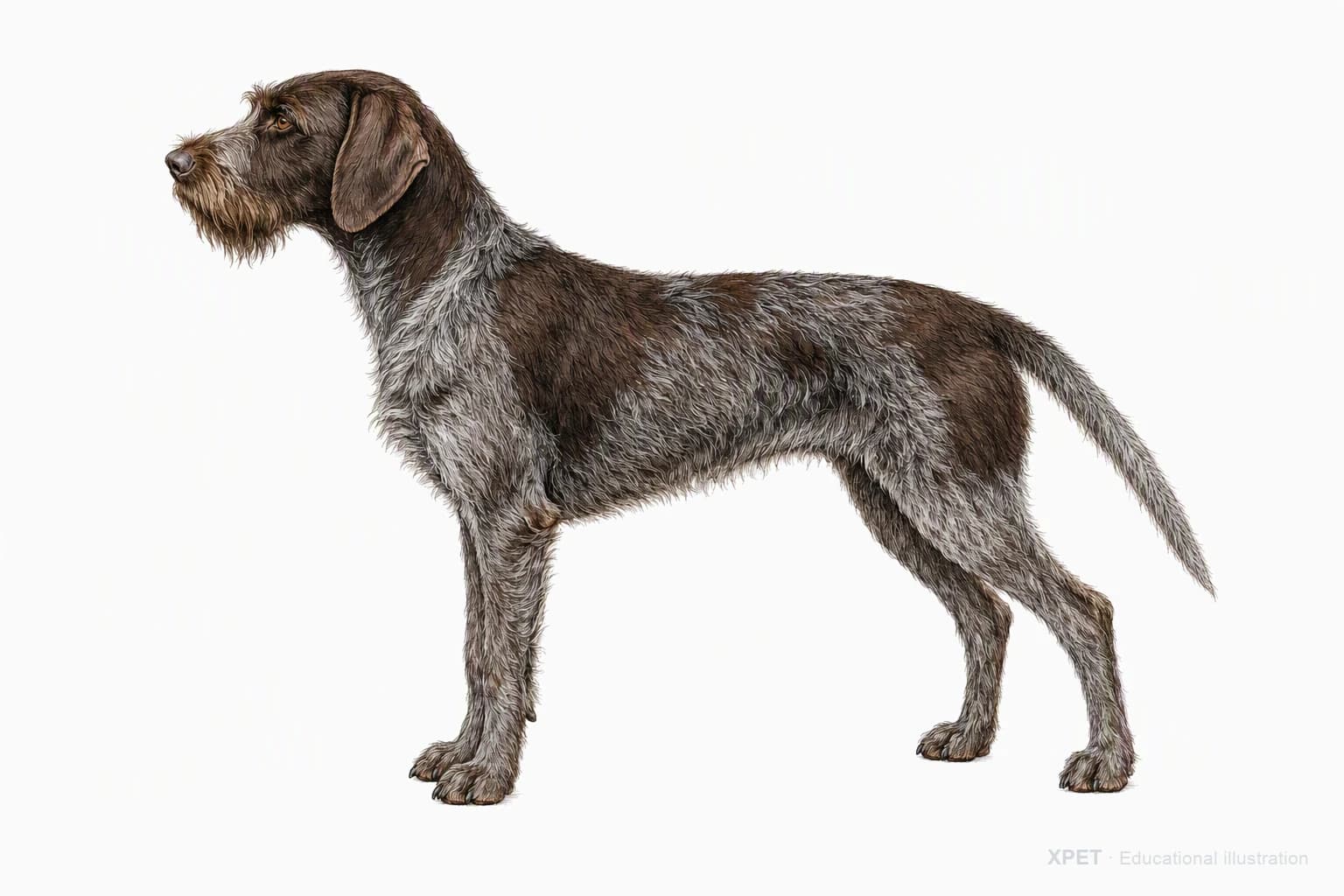Original XPET engraving and watercolor illustration of German Wirehaired Pointer: an adult in left-facing profile.